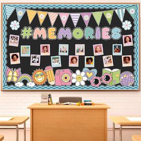 Picture Frame Groovy Bulletin Board for Classroom Decoration Happy New Year Boho Hippie Memories Bulletin Board Set Pastel Camera Rainbow Cutouts Daisy DIY Photo for Teacher Chalkboard School Decor