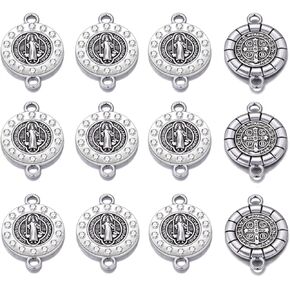 20pcs Antique Silver Rhinestone Religious Wear Saint Benedict Medallion Bracelet Connector Round Link Beads Jewelry Making Charms for DIY Necklace Bracelet Jewelry