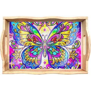 Leatrice Butterfly Diamond Art Kits for Adults Diamond Painting Serving Trays Wood Tray with Handle Big Gem Art DIY Crafts for Beginners Women in Party Kitchen Decor 7.8x11.8 Inches