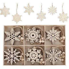 24Pcs Wooden Snowflakes Ornaments, Christmas Wood Hanging Decorations 2.75 Inches Snowflakes Shaped Embellishments Hollowed Christmas Tree Hanging Ornaments with 24pcs Rope DIY
