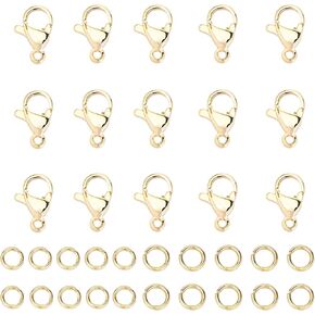 60pcs Lobster Claw Clasps with 300pcs Open Jump Rings Set, 14K Gold Plated Stainless Steel Jewelry Clasp Connector for Bracelet Necklace Jewelry Making