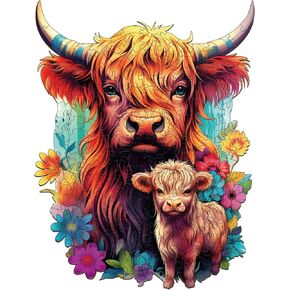 WOODBESTS Wooden Puzzle for Adults, Highland Cattle Family Puzzle (M, 170pcs, 9.2"x11.4") Beautiful Wooden Box, Wooden Jigsaw Puzzles Unique Shape, Birthday Gifts for Adults and Kids Family Game