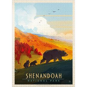 MyPuzzle Shenandoah National Park: Mama Bear & Cubs, Vintage Poster - Premium 500 Piece Jigsaw Puzzle for Adults