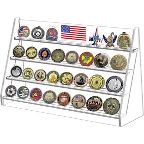 KOLUTI 4 Rows Challenge Coin Holder Display Stand, Solid and Clear Acrylic Military Coin Display Rack, Wall-Mount Firefighter Coin Case, Army Coin Shelves Gift for Collectors