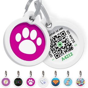 QR Code Dog Tag Silent Id Pet Tags Personalized Name Plate with Online Profile (Large, Pink Paw)