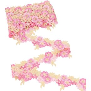IDONGCAI Floral Lace Trim Vintage Flowers Embroidered Edge Lace Trim Ribbon for Sewing 3 Yards Pink