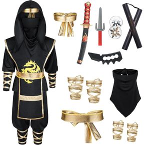 Ninjia Costume for Boys & Girls - Kids Ninja Costume Suit with Deluxe Ninja Accessories for Halloween Cospaly Dress Up