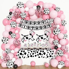 Amandir 115PCS Pink Cow Party Decorations - Balloon Garland Arch Kit with Cow Print Balloons, Happy Birthday Banner, Cake Topper for Girl Baby Shower, Farm Animals Themed Birthday Party Supplies