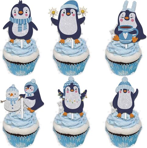 18pcs Glitter Penguin Dessert Cupcake Topper Pick for Winter Theme Decor Supplies Baby Shower Woman Man Happy Birthday Party Decoration in Saudi Arabia