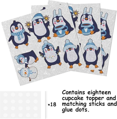 18pcs Glitter Penguin Dessert Cupcake Topper Pick for Winter Theme Decor Supplies Baby Shower Woman Man Happy Birthday Party Decoration in Saudi Arabia
