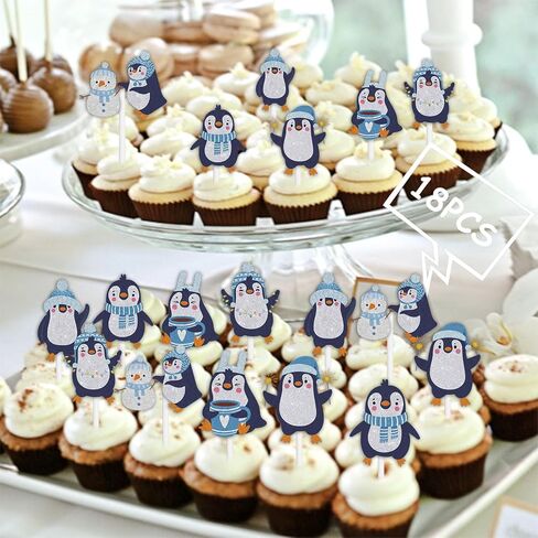 18pcs Glitter Penguin Dessert Cupcake Topper Pick for Winter Theme Decor Supplies Baby Shower Woman Man Happy Birthday Party Decoration in Saudi Arabia