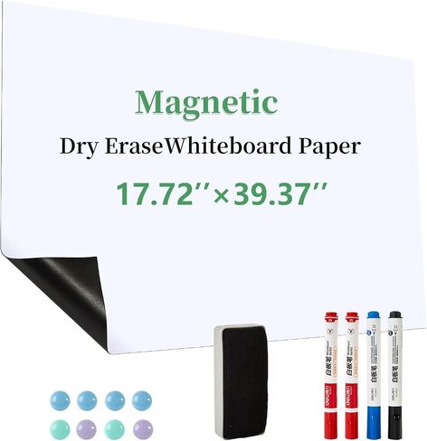 Magnetic Dry Erase Whiteboard Paper，Self Adhesive and Easy to Write&Clean,Dry Erase Board for Kids/Office/Home, with Marker, Magnetic Eraser and Magnets (17.72"*39.37“) in Saudi Arabia