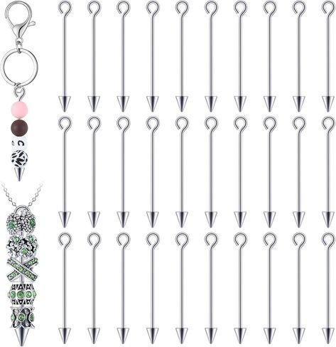 30 Pcs Beadable Keychain Bars Beadable Bar Links with Open Ring and Cone Bead 1.44'' Long Drop Pins Brass Link Earring Charms Beads Necklace Bracelet Connectors for Jewelry Making(Silver) in Saudi Arabia