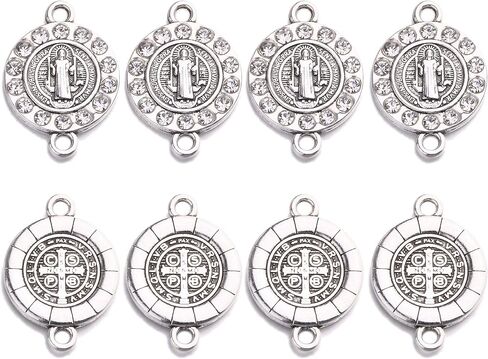 20pcs Antique Silver Rhinestone Religious Wear Saint Benedict Medallion Bracelet Connector Round Link Beads Jewelry Making Charms for DIY Necklace Bracelet Jewelry in Kuwait