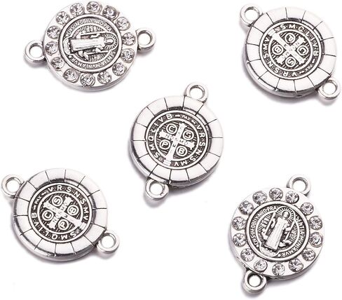 20pcs Antique Silver Rhinestone Religious Wear Saint Benedict Medallion Bracelet Connector Round Link Beads Jewelry Making Charms for DIY Necklace Bracelet Jewelry in Kuwait