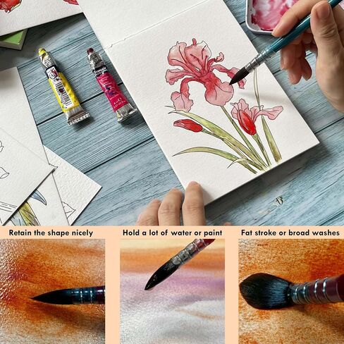 Watercolor Paint Mop Brushes with Short Handle, Synthetic Squirrel Hair, №0-№8, 8 Round & 1 Flat №7, 9 PCs Art Supply Set for Watercolor Paint and Acrylic, Ideal for Artists and Hobbyist. in Saudi Arabia