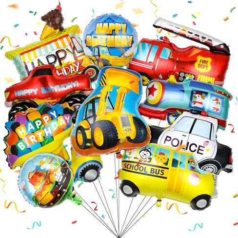 10 Pieces Transportation Birthday Party Decoration for Boys Car Balloons Ice Cream Cart School Bus Fire Truck Train Police Bulldozer Pickup Truck Truck Oval Balloons Foil Balloons in Saudi Arabia