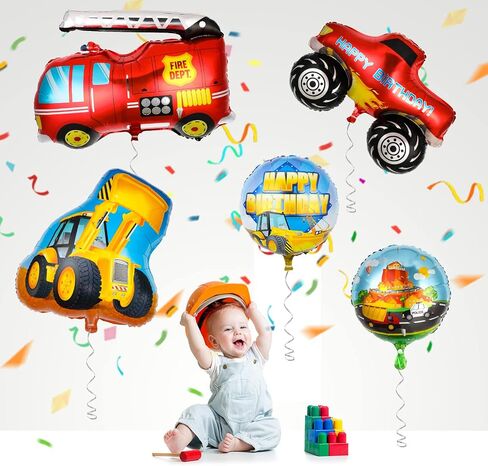10 Pieces Transportation Birthday Party Decoration for Boys Car Balloons Ice Cream Cart School Bus Fire Truck Train Police Bulldozer Pickup Truck Truck Oval Balloons Foil Balloons in Saudi Arabia