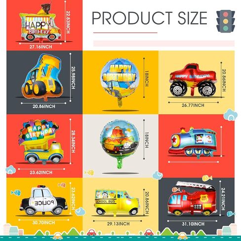 10 Pieces Transportation Birthday Party Decoration for Boys Car Balloons Ice Cream Cart School Bus Fire Truck Train Police Bulldozer Pickup Truck Truck Oval Balloons Foil Balloons in Saudi Arabia