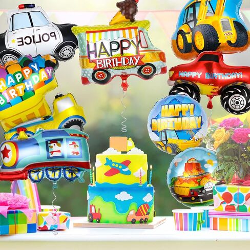 10 Pieces Transportation Birthday Party Decoration for Boys Car Balloons Ice Cream Cart School Bus Fire Truck Train Police Bulldozer Pickup Truck Truck Oval Balloons Foil Balloons in Saudi Arabia