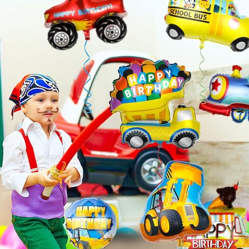 10 Pieces Transportation Birthday Party Decoration for Boys Car Balloons Ice Cream Cart School Bus Fire Truck Train Police Bulldozer Pickup Truck Truck Oval Balloons Foil Balloons in Saudi Arabia