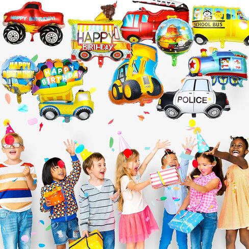 10 Pieces Transportation Birthday Party Decoration for Boys Car Balloons Ice Cream Cart School Bus Fire Truck Train Police Bulldozer Pickup Truck Truck Oval Balloons Foil Balloons in Saudi Arabia