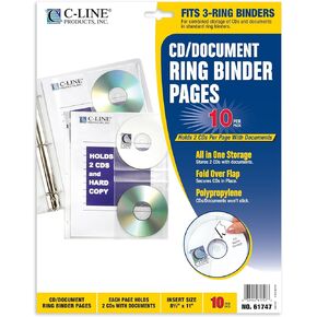 C-Line CD/Document Ring Binder Pages, 8.5 x 11 Inches, 10 per Pack (61747)