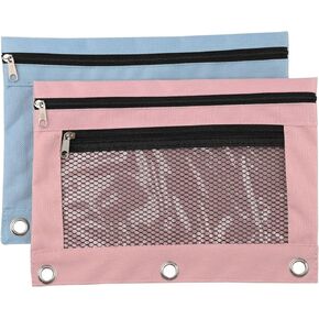 2 Pcs Binder Pencil Pouches with Zipper Double. Pencil Pouch with 3 Ring, Pockets Pencil Case Bag with Clear and Mesh Window for Office Supplies (2 Pieces, Pink and Blue)