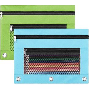Pencil Pouch, 3 Ring Binder Pencil Bag with Large Capacity, Zipper Pulls Double Pockets Pencil Case with 3 Binder Hole and Mesh Window (Blue and Black)