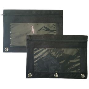 حقيبة أقلام رصاص ثلاثية الحلقات من LURLIN، عبوتان من مقلمة سوداء كبيرة الحجم، حقائب أقلام رصاص بسحاب لمستحضرات التجميل الخاصة بالمستلزمات المكتبية، مع سحاب وحلقات معدنية معززة حافظة أقلام كبيرة -2 أسود-2 in Kuwait