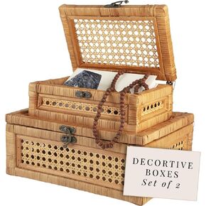 Handcrafted Rattan and Cane Rectangular Display Boxes - Stackable Set of 2 with Woven Lids and Metal Clasps - Creative Home Storage and Decor for Shelves