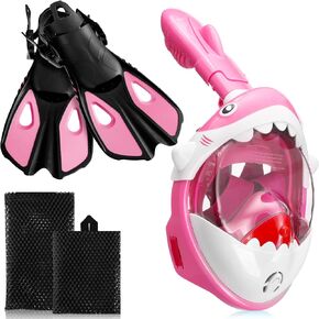 2 Pcs Full Face Snorkel Mask for Kids with Adjustable Swim Fins 180 Degree Panoramic View Shark Snorkeling Mask for Kids Snorkeling Gear Diving Fins Swim Flippers for Children Boys Girls