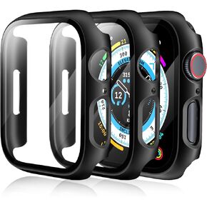 [3 Pack] Case for Apple Watch Series 9 Screen Protector 41mm Series 8 Series 7, EWUONU Hard PC Bumper Cover HD Tempered Glass Full Protective Case for iWatch Series 9/8/7 Accessories 41mm, Black