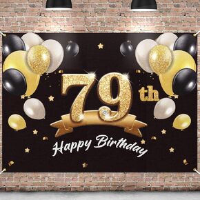 Happy 79th Birthday Banner Backdrop - 79 Birthday Party Decorations Supplies for Men - Black Gold 4 x 6ft