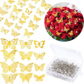 Whaline 48 Pcs 3D Gold Butterfly Wall Decor and 100 Pcs Bouquet Wedding Corsages Pins Flower Rhinestone Head Pins Butterfly Stickers Wall Decals for Wedding Birthday Party Bridal Hair Accessories