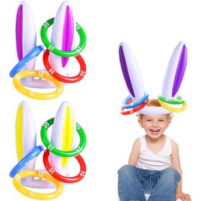 [ Score Ring ] 3 Pack Easter Inflatable Bunny Ring Toss Game Easter Rabbit Ears Ring Toss Party Games Inflatable Toys Gift for Kid Family School Party Favor Indoor Outdoor Toss Game (3 Set & 12 Rings)