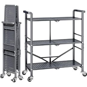 3 Tier Rolling Utility Foldable Cart - Metal Folding Cart with Wheels, Collapsible Service Cart Storage Shelf Rack for Kitchen Office Garage Plant Outdoor cart, Gray