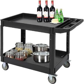 Service Utility Cart 2-Shelf Utility/Service Cart, 500-Pound Capacity, Storage Handle, for Warehouse/Garage/Cleaning/Manufacturing/Kitchen/Office，45"X25", Black
