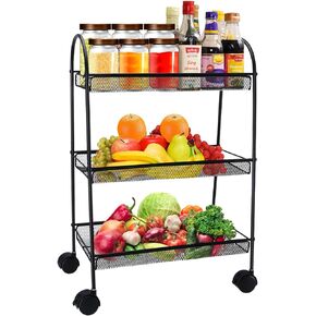 3 Tier Rolling Cart，Lockable Carts with Wheels Metal Cart，Rolling Cart Organizer Utility Cart Rolling Utility Cart，Suitable for Kitchen, Living Room, Office, Garage (Black) in Kuwait