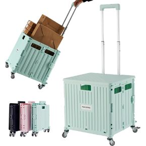 Folding Utility Cart Portable Rolling Crate Handcart Shopping Trolley Collapsible Tool Box, with Lid, Basket on 4 Rotate Wheels, for Grocery, Shopping, Office, Teacher (Pink)