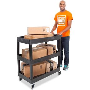 Stand Steady Tubstr 3 Shelf Utility Push Cart Supports Up to 300 lbs - Heavy-Duty Plastic Service Cart Great for Offices, Warehouse Storage, Garage Tools, and Kitchen Cleaning (Black, 32 x 18)