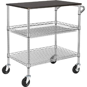 Finnhomy 3 Tier Heavy Duty Commercial Grade Utility Cart with Wood Top, Wire Rolling Cart with Handle Bar, Steel Service Cart with Wheels, Utility Shelf Food Storage Trolley, NSF Listed