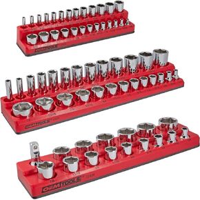 OEMTOOLS 22484 3 Piece SAE Magnetic Socket Tray Set, Magnetic Socket Organizers for Toolboxes, Rubberized Base, Holds Up To 68 Sockets, Red Socket Holder