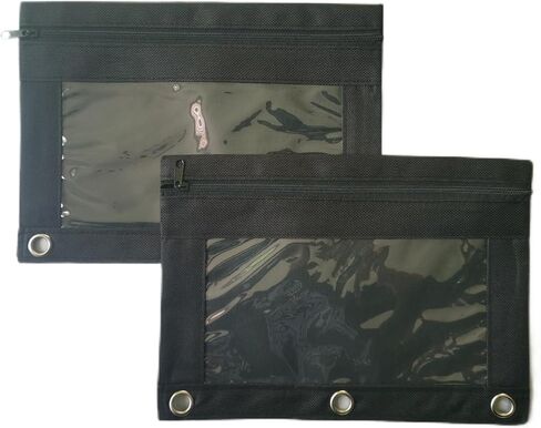 حقيبة أقلام رصاص ثلاثية الحلقات من LURLIN، عبوتان من مقلمة سوداء كبيرة الحجم، حقائب أقلام رصاص بسحاب لمستحضرات التجميل الخاصة بالمستلزمات المكتبية، مع سحاب وحلقات معدنية معززة حافظة أقلام كبيرة -2 أسود-2 in Kuwait