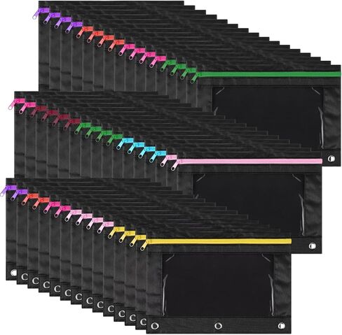 Leinuosen 64 Pack Pencil Pouches Bulk 3 Ring Binder Pencil Case with Clear Window and Zipper, Pencil Pouch Bags for Classroom Back to School Offices Supplies(Black Colorful) in Saudi Arabia