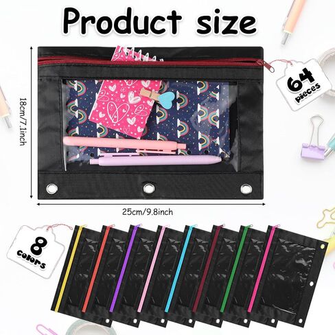 Leinuosen 64 Pack Pencil Pouches Bulk 3 Ring Binder Pencil Case with Clear Window and Zipper, Pencil Pouch Bags for Classroom Back to School Offices Supplies(Black Colorful) in Saudi Arabia