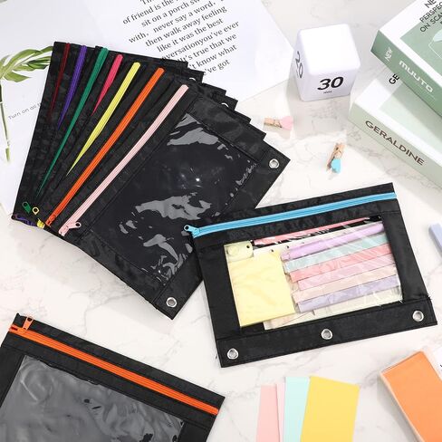 Leinuosen 64 Pack Pencil Pouches Bulk 3 Ring Binder Pencil Case with Clear Window and Zipper, Pencil Pouch Bags for Classroom Back to School Offices Supplies(Black Colorful) in Saudi Arabia
