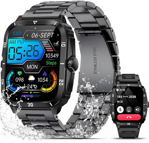 FILIEKEU ساعة ذكية للرجال مكالمات بلوتوث لنظام Android iOS، 430 مللي أمبير ساعة ذكية عسكرية لمعدل ضربات القلب والأكسجين في الدم ومراقبة النوم وعداد الخطوات، 1.96 بوصة HD في الهواء الطلق مقاوم للماء أسود سيليكون ساعات ذكية للرجال in Kuwait