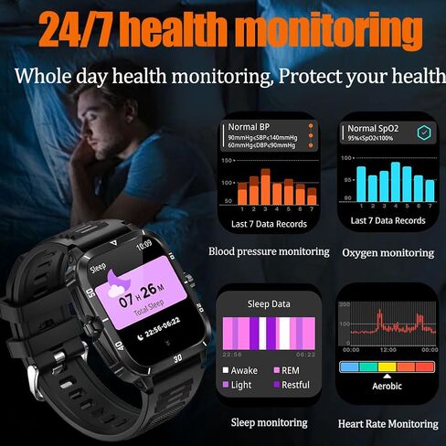 FILIEKEU ساعة ذكية للرجال مكالمات بلوتوث لنظام Android iOS، 430 مللي أمبير ساعة ذكية عسكرية لمعدل ضربات القلب والأكسجين في الدم ومراقبة النوم وعداد الخطوات، 1.96 بوصة HD في الهواء الطلق مقاوم للماء أسود سيليكون ساعات ذكية للرجال in Kuwait