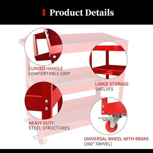 عربة أدوات رفوف LCyindu ذات 3 طبقات، عربة دوارة، عربة مرافق، تحمل ما يصل إلى 330 رطلاً، 30 * 28 * 14 عربة أدوات شديدة التحمل، حمراء، مناسبة للمستودعات والمكاتب والمرائب والحدائق، إلخ in Kuwait